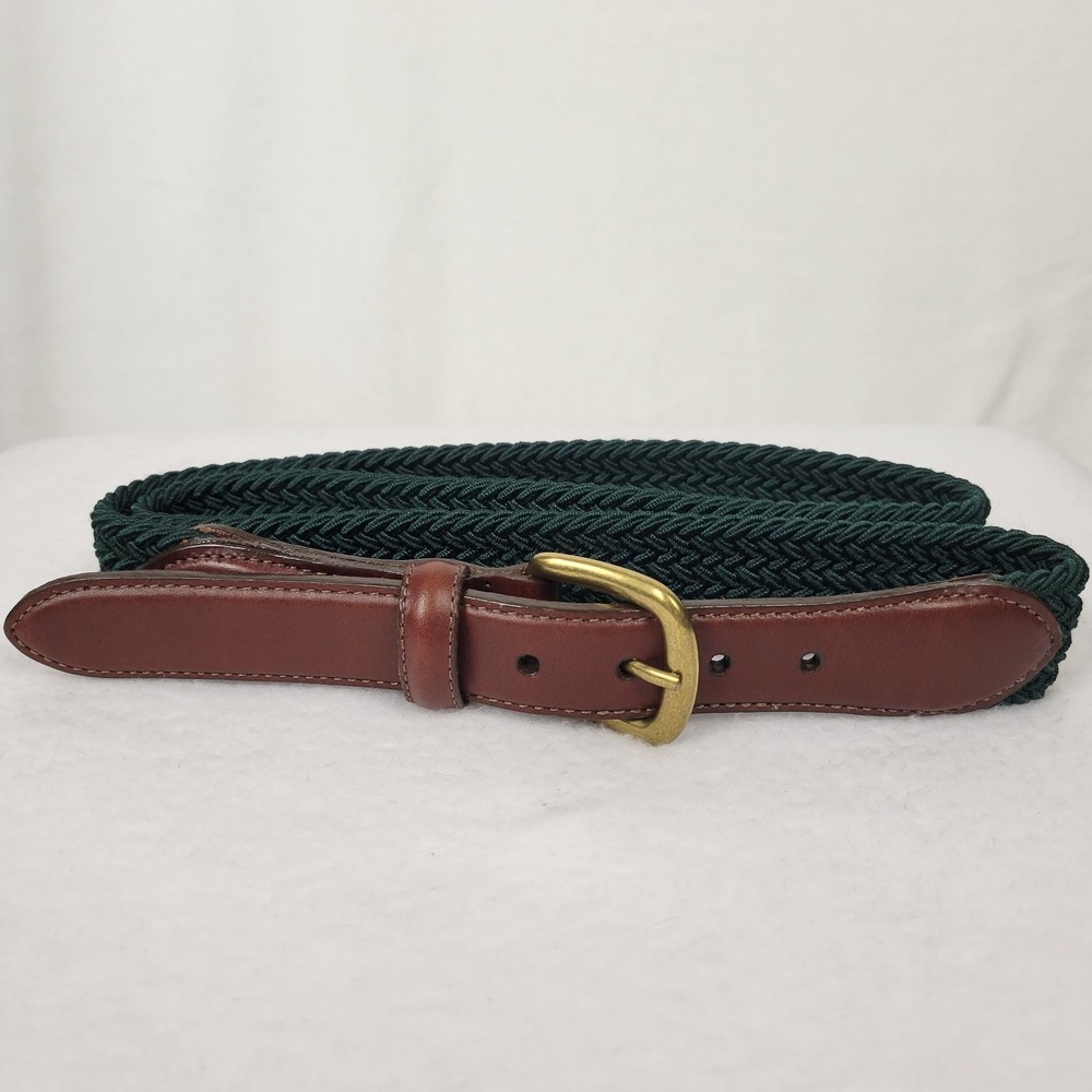 L.L. Bean Mens Green Braided Stretch Belt 36 Solid Brass Leather Trim USA Vtg 90